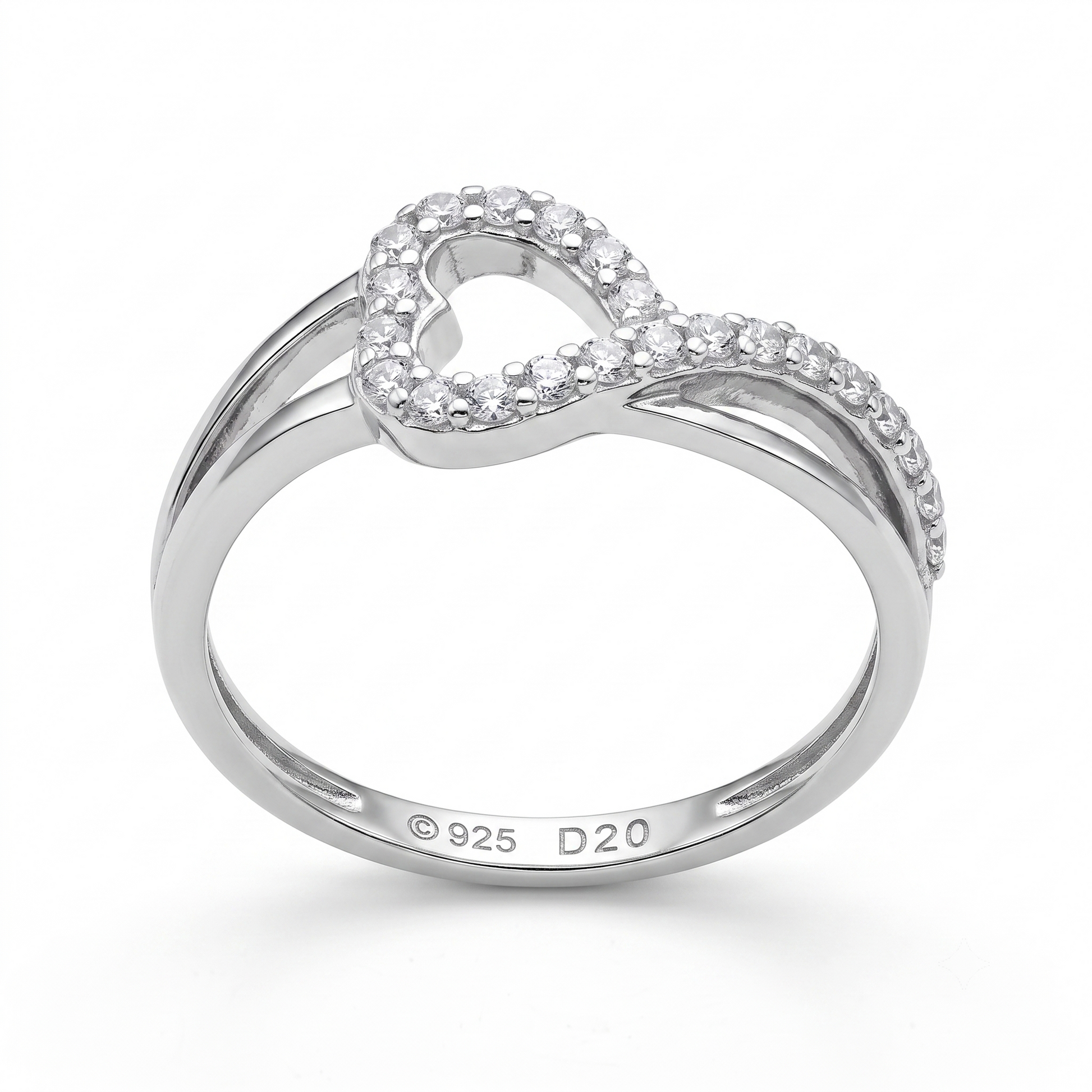 Silvme Heart Infinity 925 sterling silver ring for women set with cubic zirconia — front view on white background