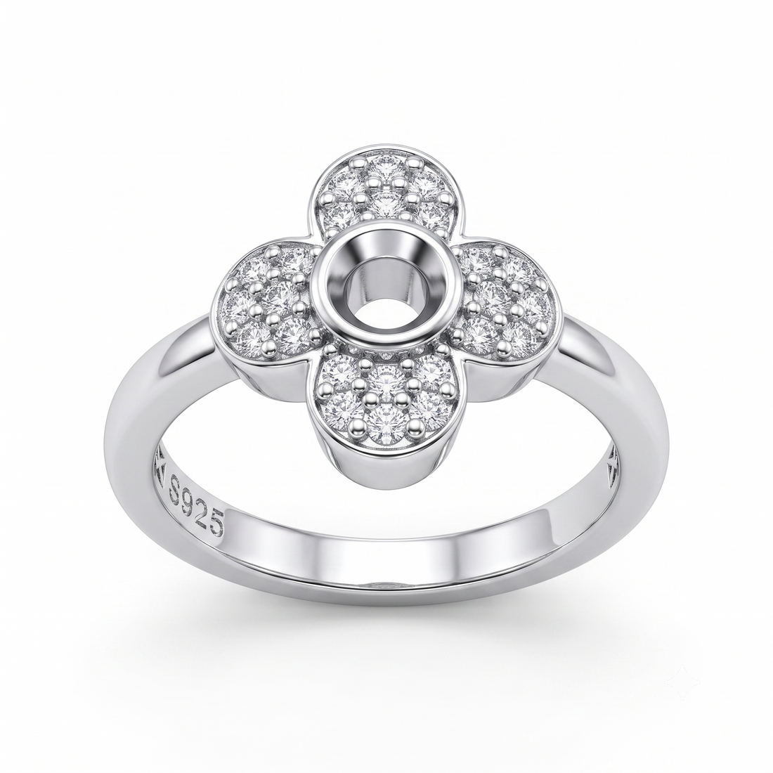 Silvme Four-Petal Pavé Flower 925 sterling silver ring for women set with cubic zirconia — front view on white background