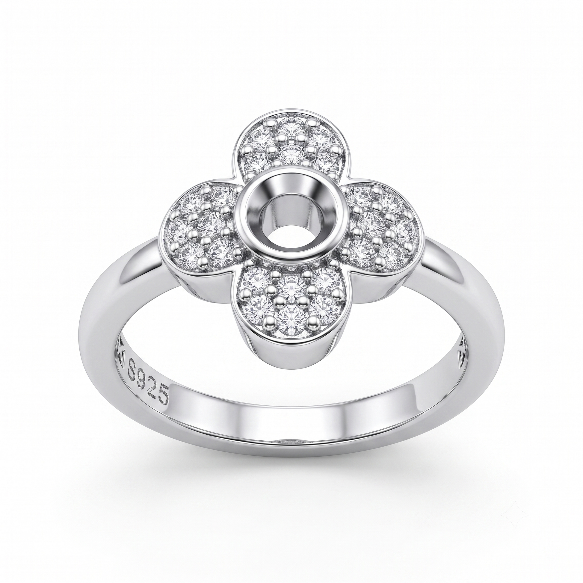 Silvme Four-Petal Pavé Flower 925 sterling silver ring for women set with cubic zirconia — front view on white background