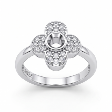 Silvme Four-Petal Pavé Flower 925 sterling silver ring for women set with cubic zirconia — front view on white background