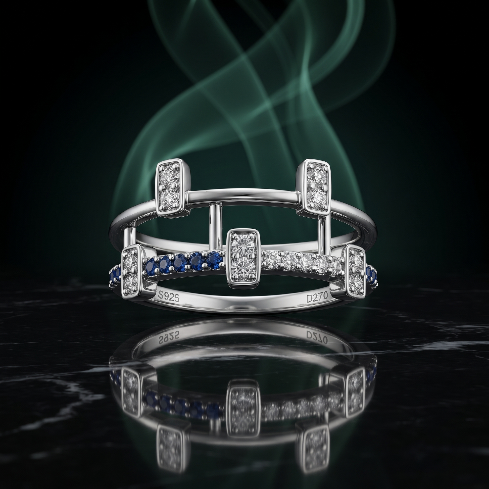Silvme Blue Architectural Cage 925 sterling silver ring for women set with cubic zirconia — macro close-up