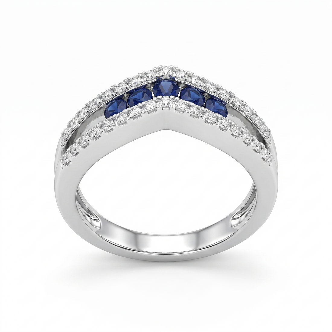 Silvme Blue Chevron Crown 925 sterling silver ring for women set with cubic zirconia — front view on white background