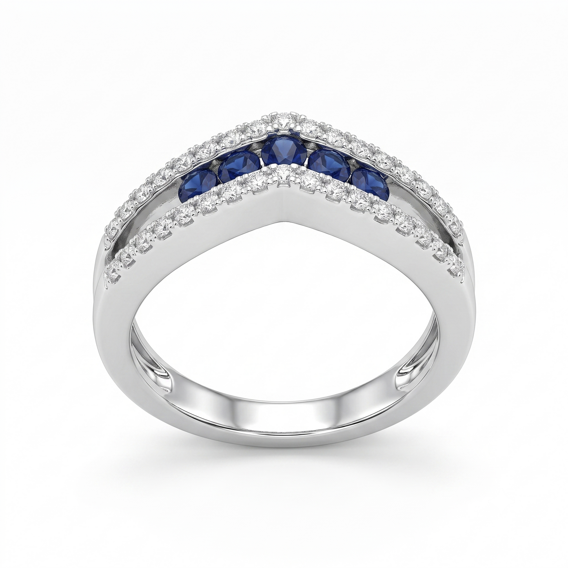 Silvme Blue Chevron Crown 925 sterling silver ring for women set with cubic zirconia — front view on white background