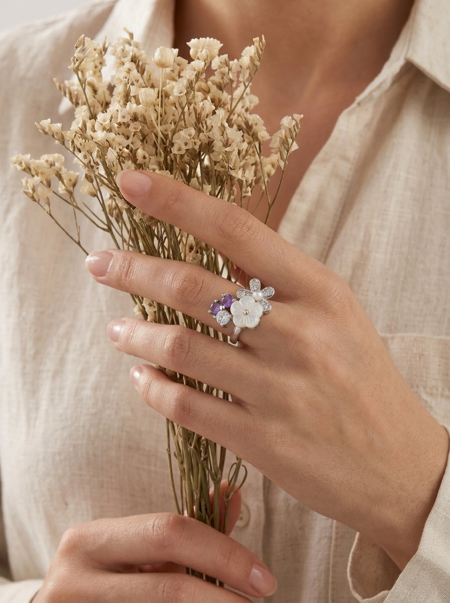 Silvme Purple Daisy Flower Cluster 925 sterling silver ring for women with a pearl-effect accent — worn on the finger