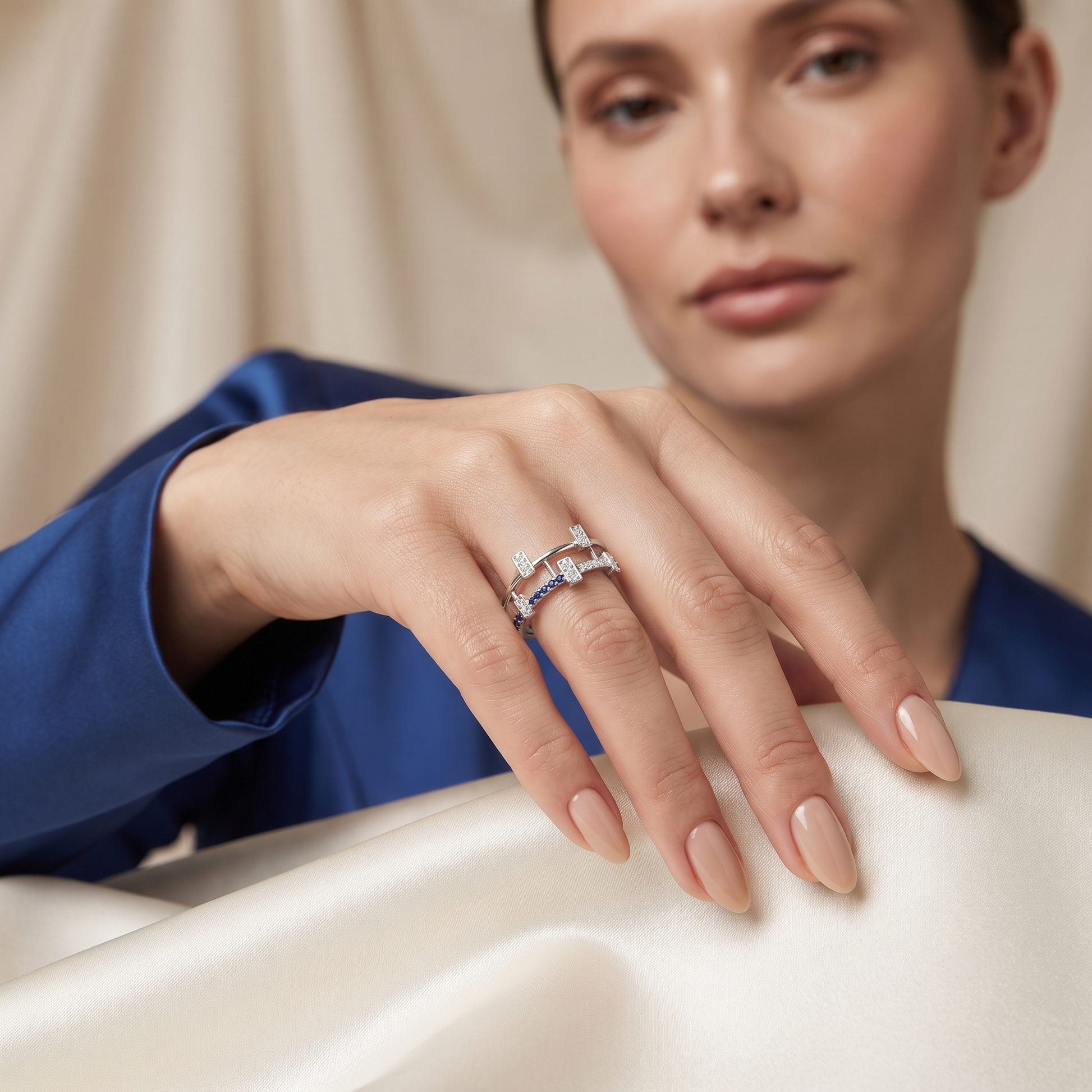 Silvme Blue Architectural Cage 925 sterling silver ring for women set with cubic zirconia — side profile