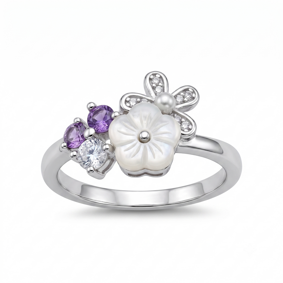 Silvme Purple Daisy Flower Cluster 925 sterling silver ring for women — front view on white background