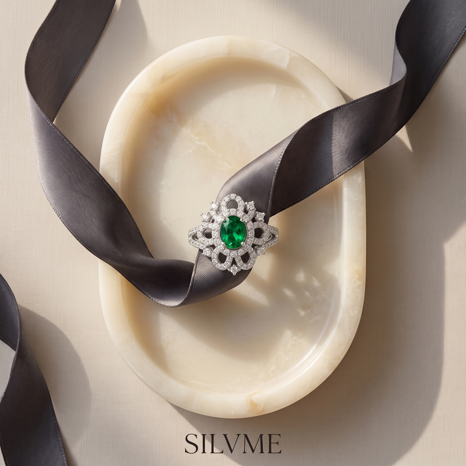 Silvme Green Floral Lace Statement 925 sterling silver ring for women set with cubic zirconia — worn on the finger