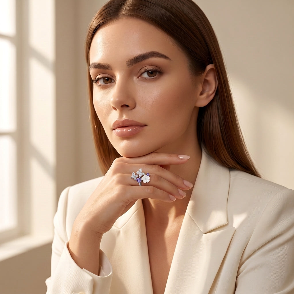 Silvme Butterfly Bloom Cluster 925 sterling silver ring for women with a pearl-effect accent — worn on the finger