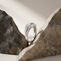 Silvme Triple Ribbon Crossover 925 sterling silver ring for women set with cubic zirconia — close-up detail