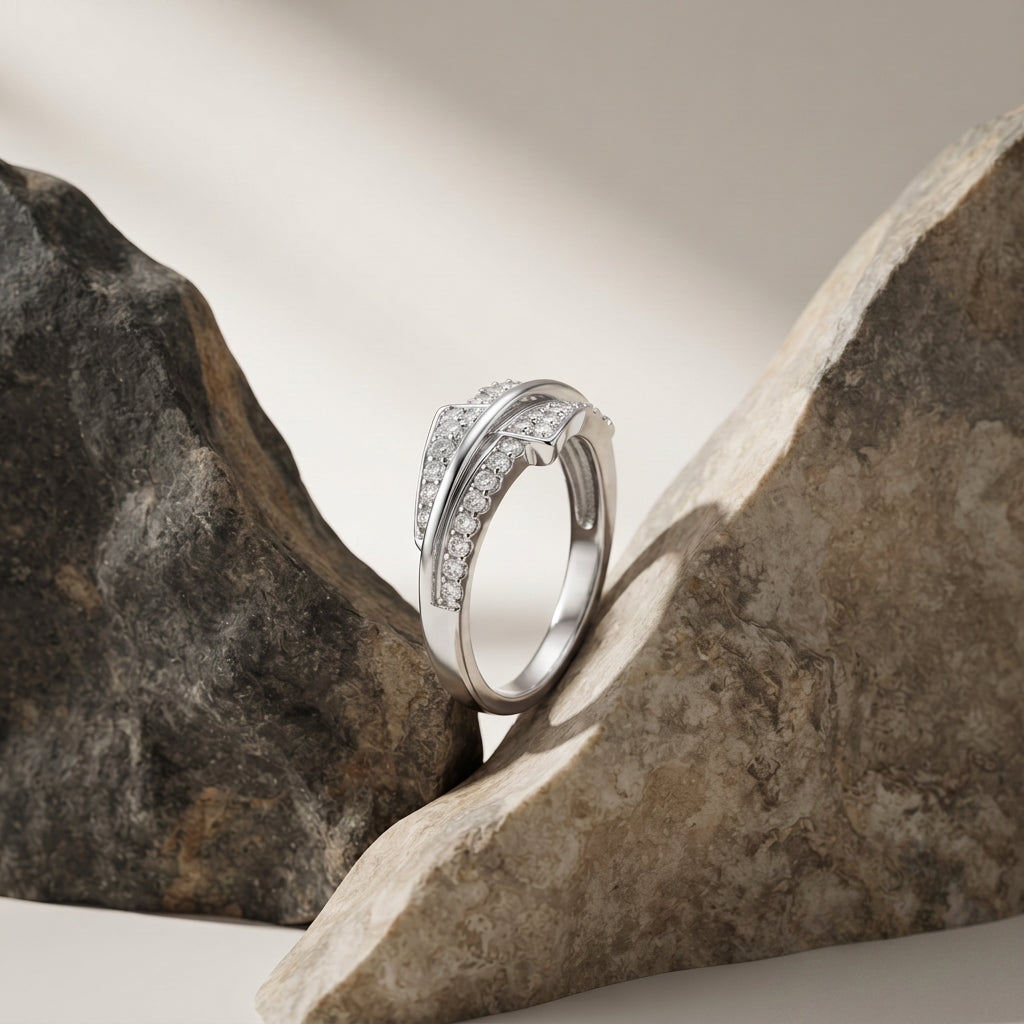 Silvme Triple Ribbon Crossover 925 sterling silver ring for women set with cubic zirconia — close-up detail