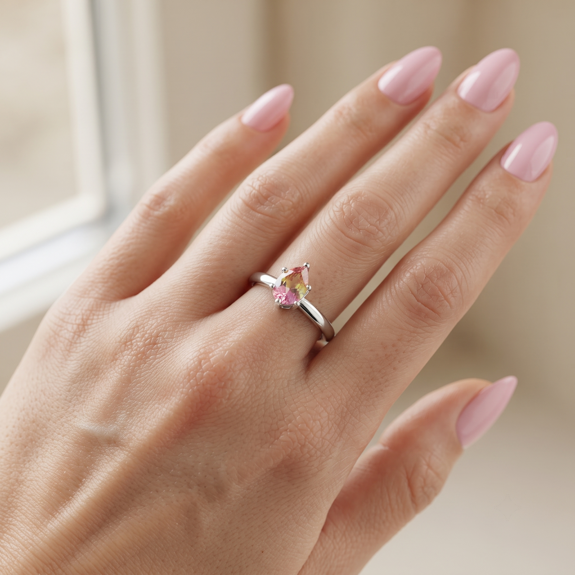 Silvme Gradient Pear Solitaire 925 sterling silver ring for women set with cubic zirconia — studio detail shot