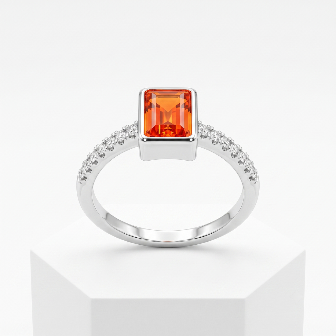 Silvme Emerald-Cut Orange 925 sterling silver ring for women set with cubic zirconia — front view on white background