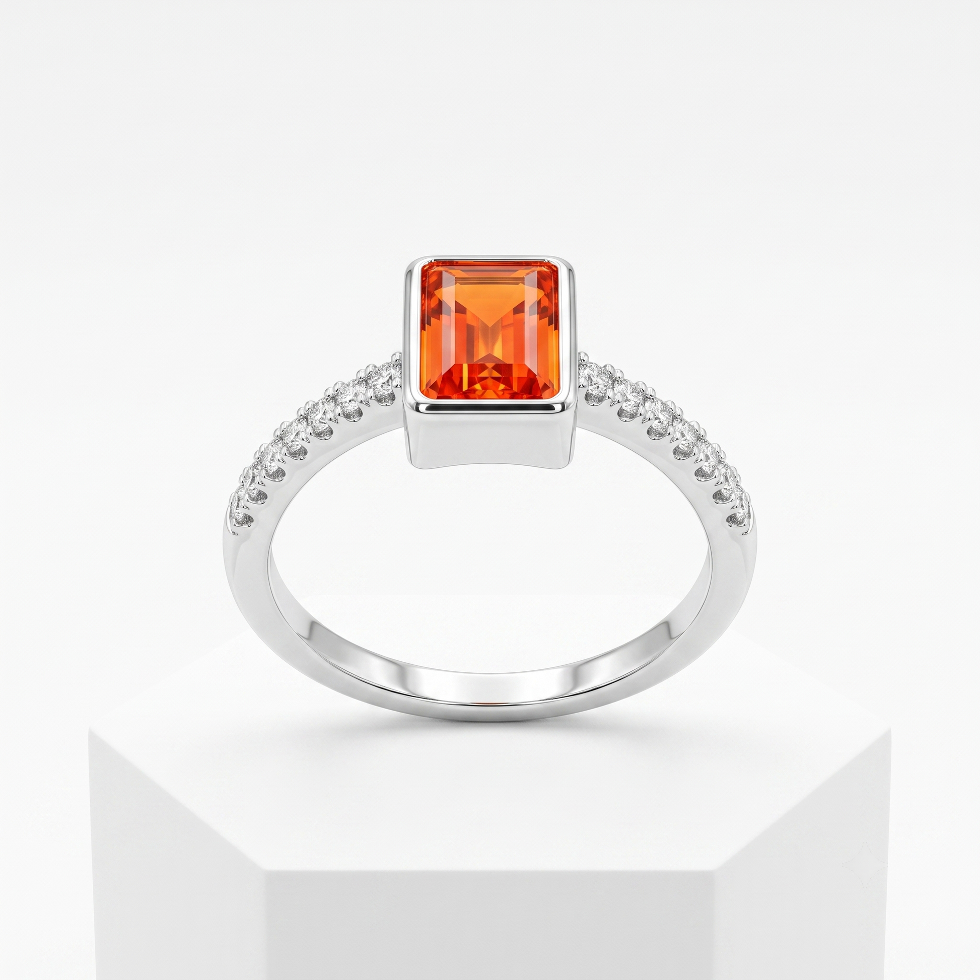 Silvme Emerald-Cut Orange 925 sterling silver ring for women set with cubic zirconia — front view on white background