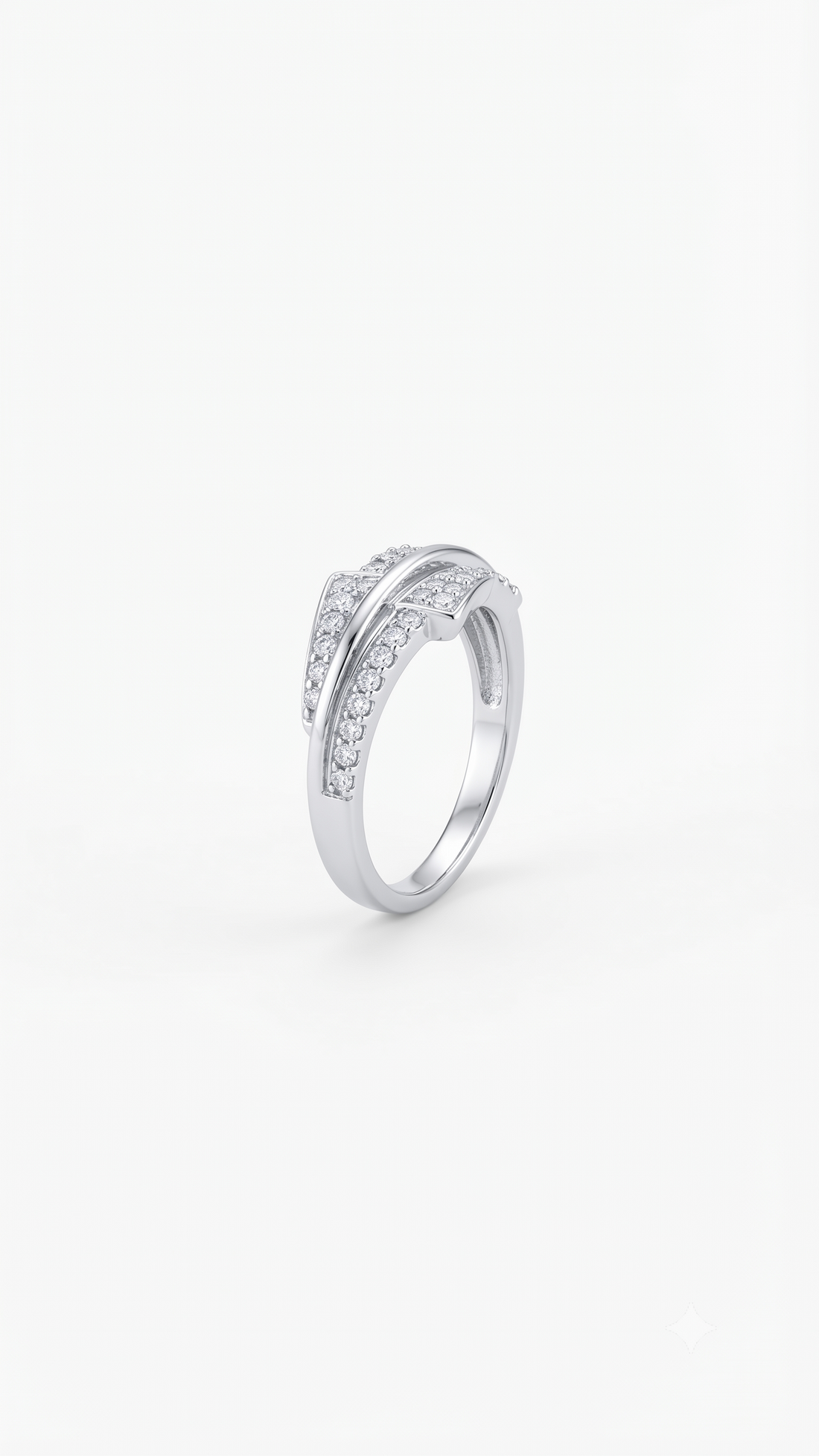 Silvme Triple Ribbon Crossover 925 sterling silver ring for women set with cubic zirconia — front view on white background