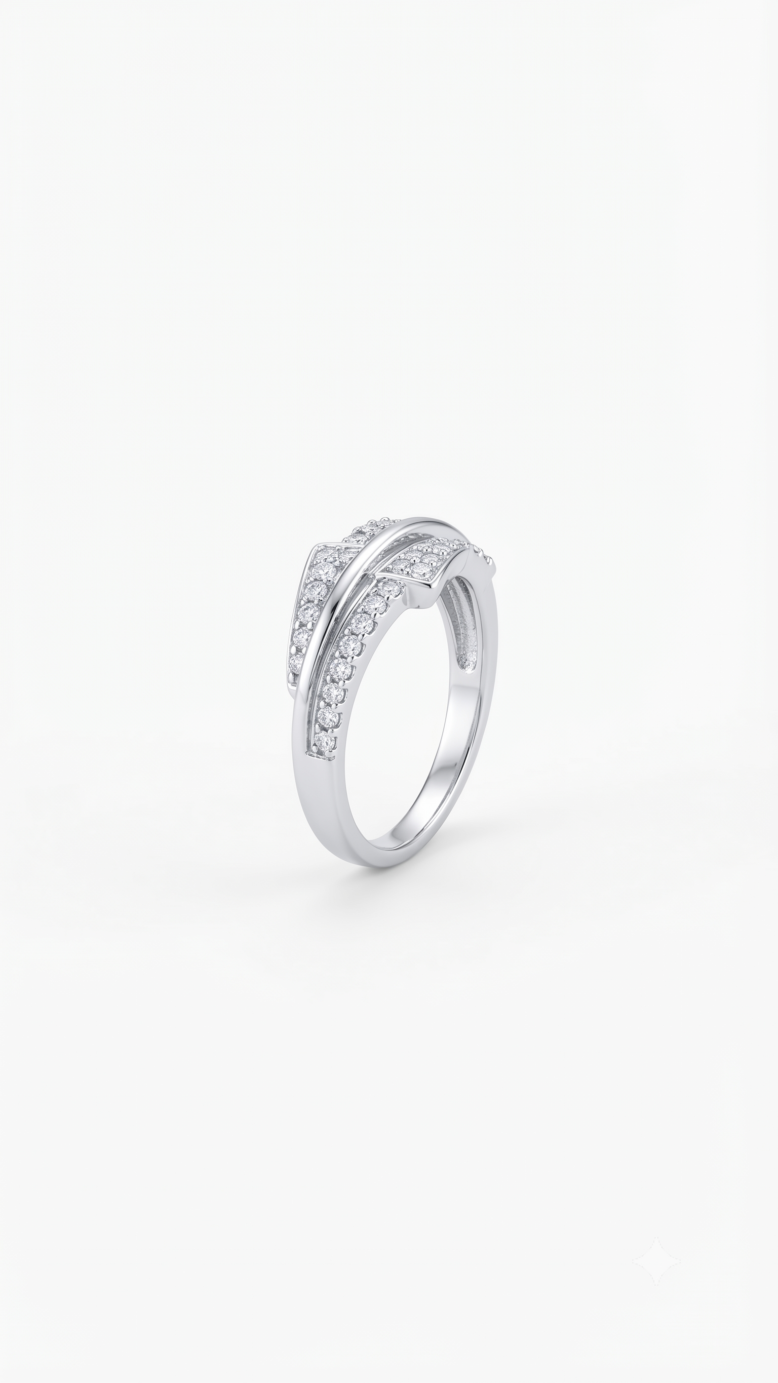 Silvme Triple Ribbon Crossover 925 sterling silver ring for women set with cubic zirconia — front view on white background