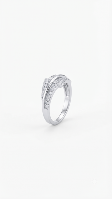 Silvme Triple Ribbon Crossover 925 sterling silver ring for women set with cubic zirconia — front view on white background