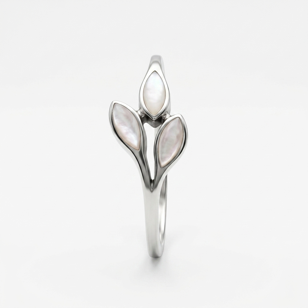 Silvme Pearlescent Three-Leaf 925 sterling silver ring for women with a pearl-effect accent — front view on white background