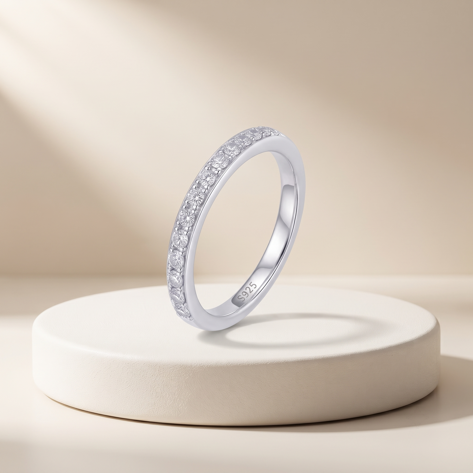 Silvme Clear CZ Half-Eternity 925 sterling silver ring for women set with cubic zirconia — worn on the finger