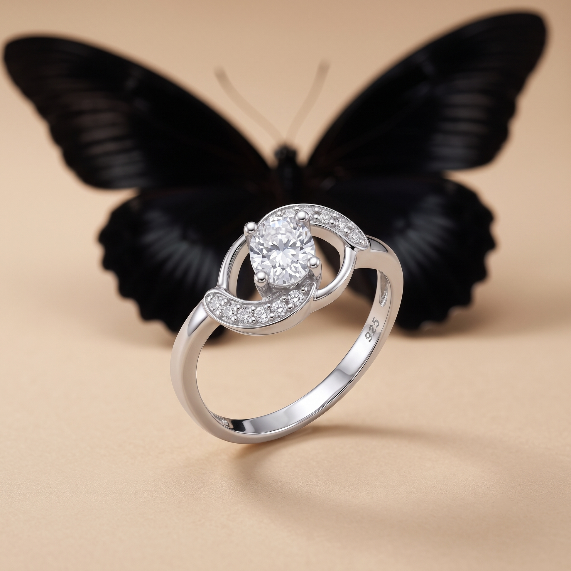 Silvme Oval Orbit Solitaire 925 sterling silver ring for women set with cubic zirconia — angled view