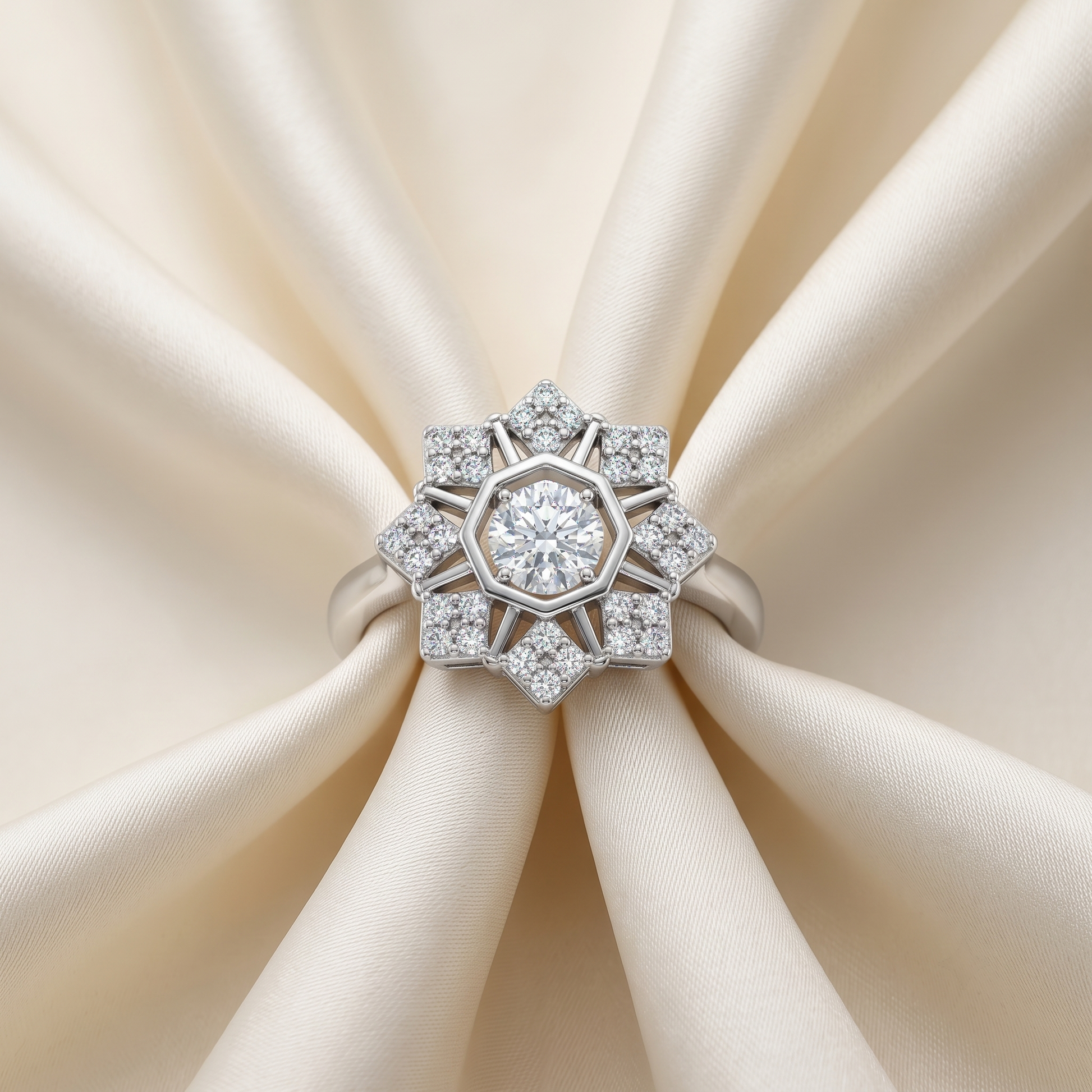 Silvme Art Deco Starburst 925 sterling silver ring for women set with cubic zirconia — macro close-up