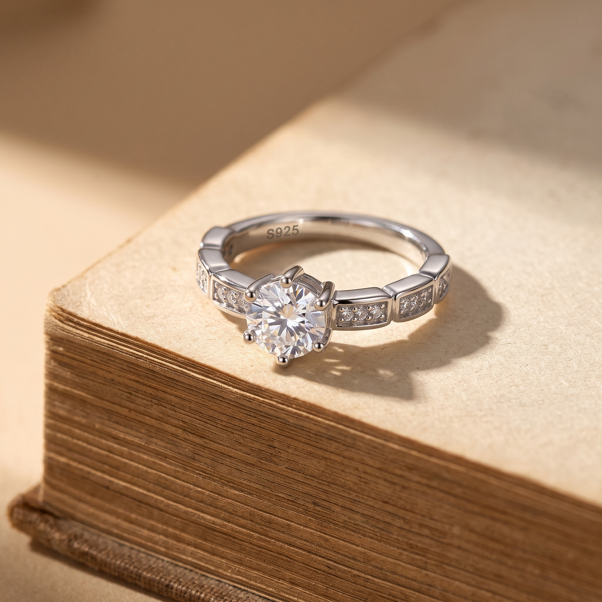 Silvme Six-Prong Geometric Solitaire 925 sterling silver ring for women set with cubic zirconia — worn on the finger