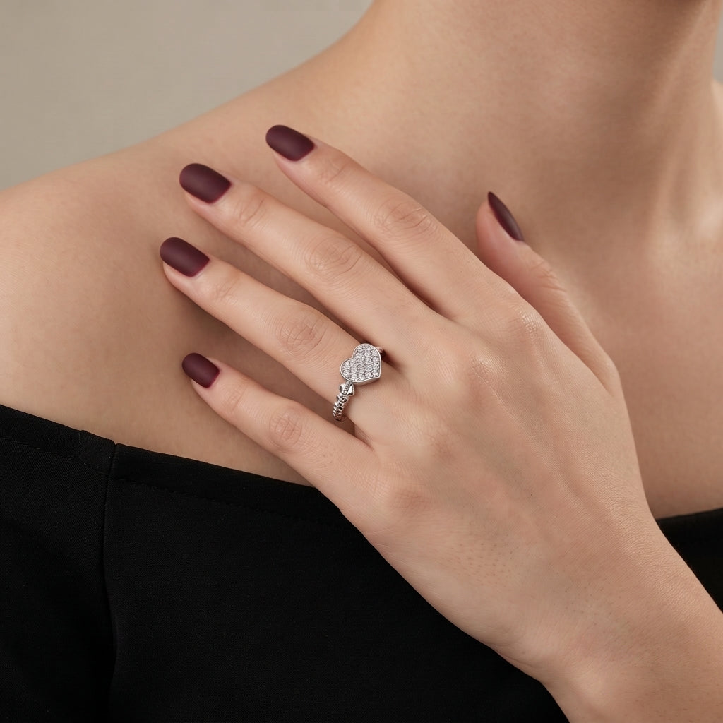Silvme Pavé Heart Cluster 925 sterling silver ring for women set with cubic zirconia — studio detail shot