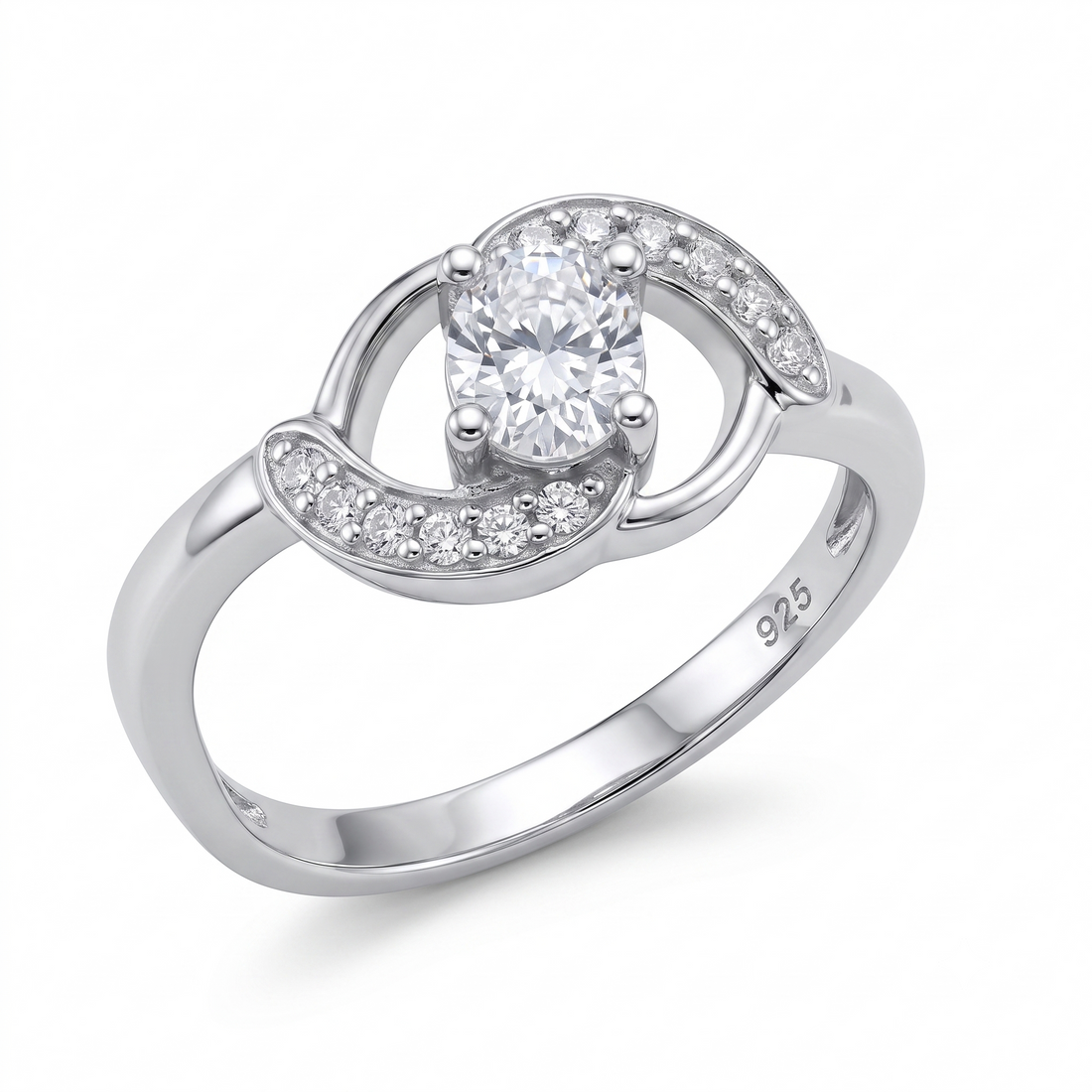 Silvme Oval Orbit Solitaire 925 sterling silver ring for women set with cubic zirconia — front view on white background