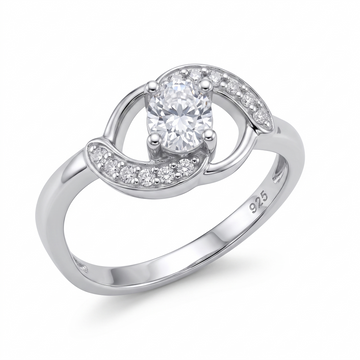 Silvme Oval Orbit Solitaire 925 sterling silver ring for women set with cubic zirconia — front view on white background