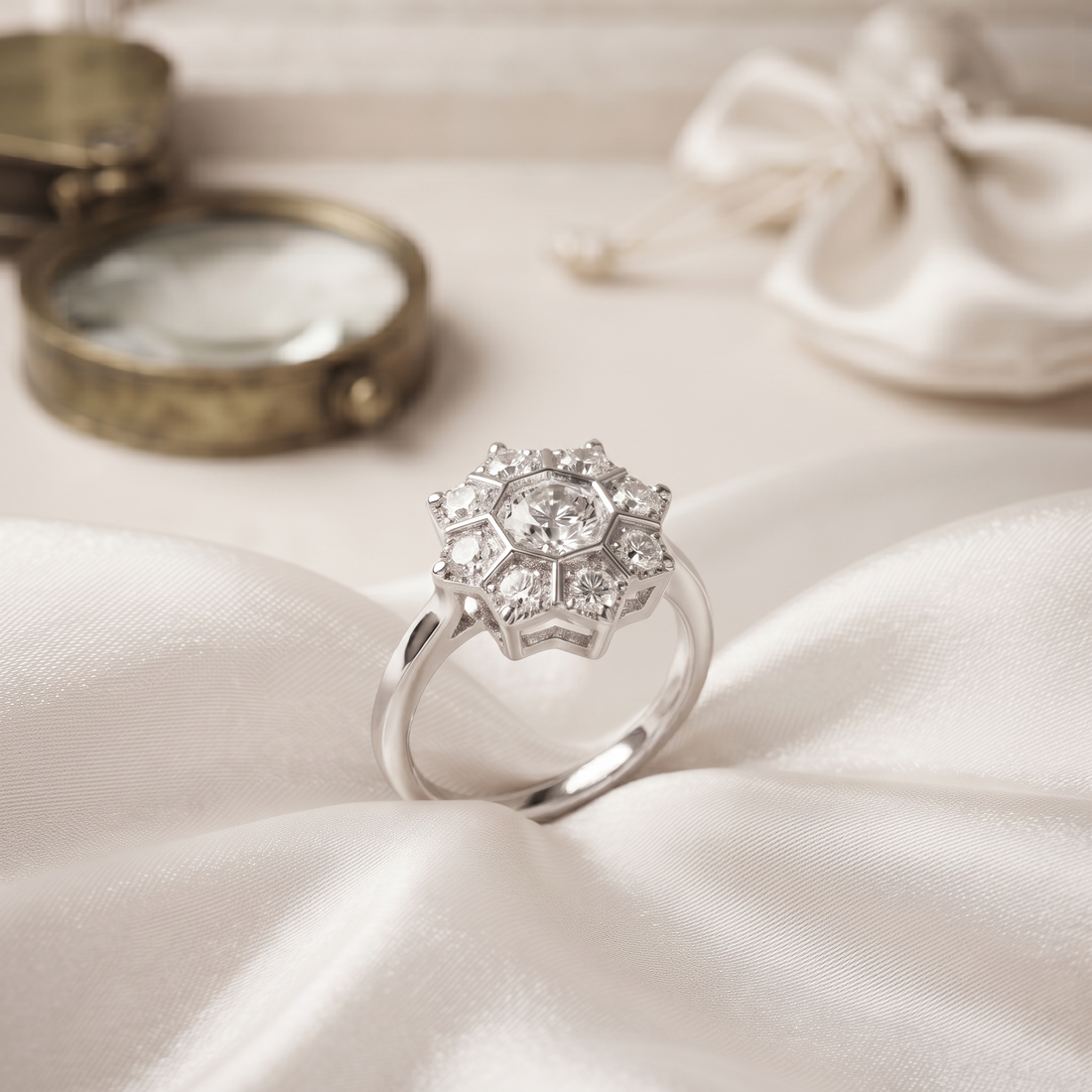 Silvme Art Deco Starburst 925 sterling silver ring for women set with cubic zirconia — front view on white background