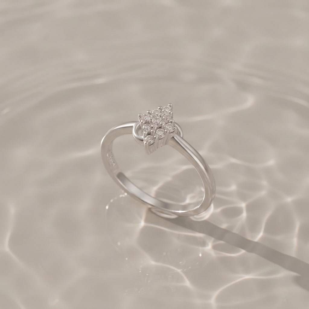 Silvme Navette Leaf Cluster 925 sterling silver ring for women set with cubic zirconia — front view on white background
