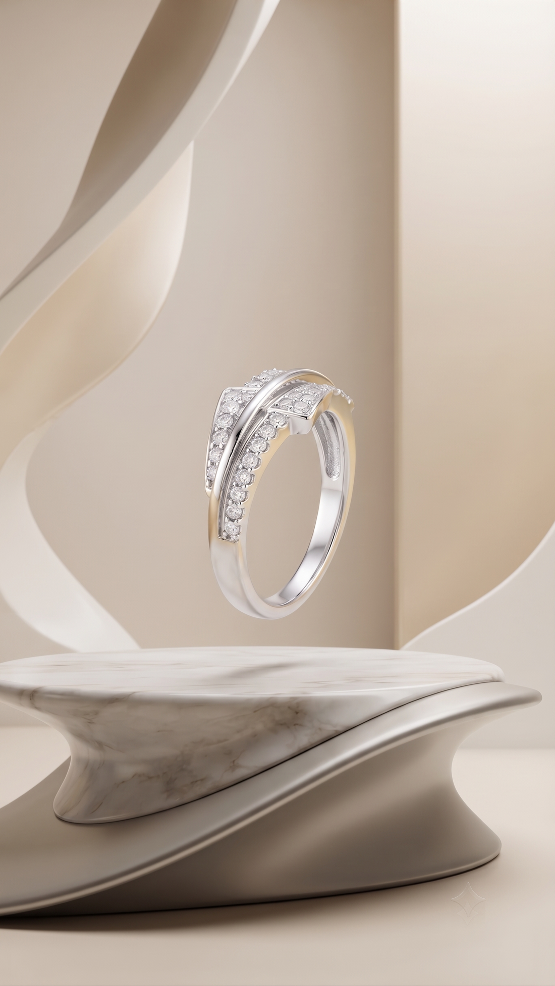 Silvme Triple Ribbon Crossover 925 sterling silver ring for women set with cubic zirconia — front view on white background