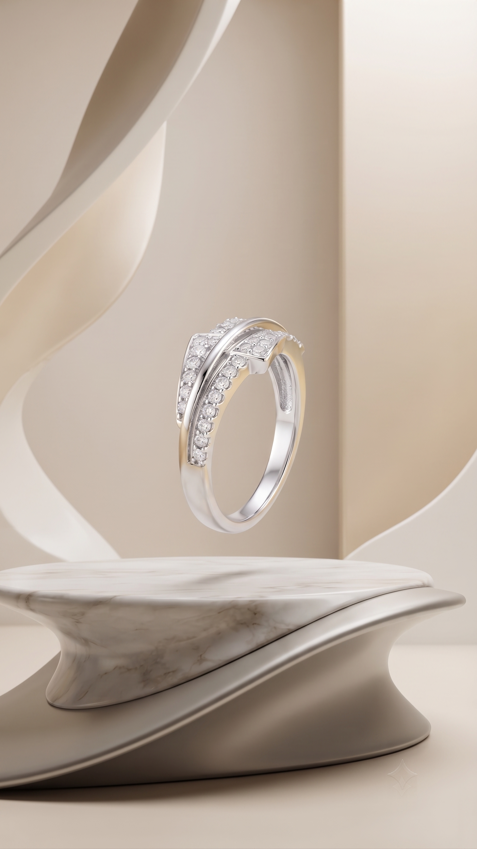 Silvme Triple Ribbon Crossover 925 sterling silver ring for women set with cubic zirconia — angled view