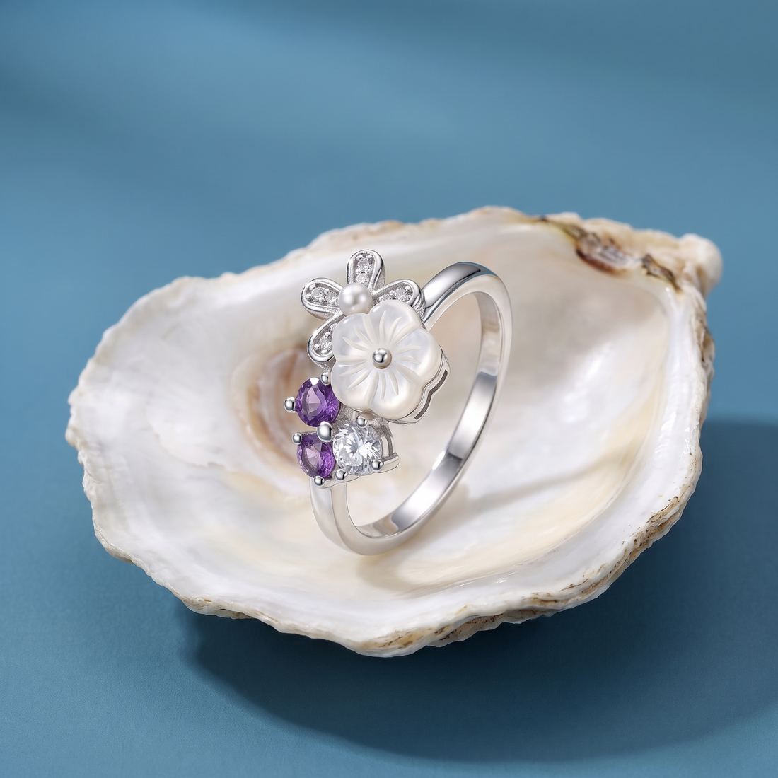 Silvme Purple Daisy Flower Cluster 925 sterling silver ring for women — front view on white background