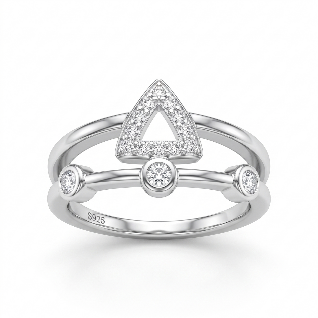 Silvme Geometric Triangle Bezel 925 sterling silver ring for women set with cubic zirconia — front view on white background