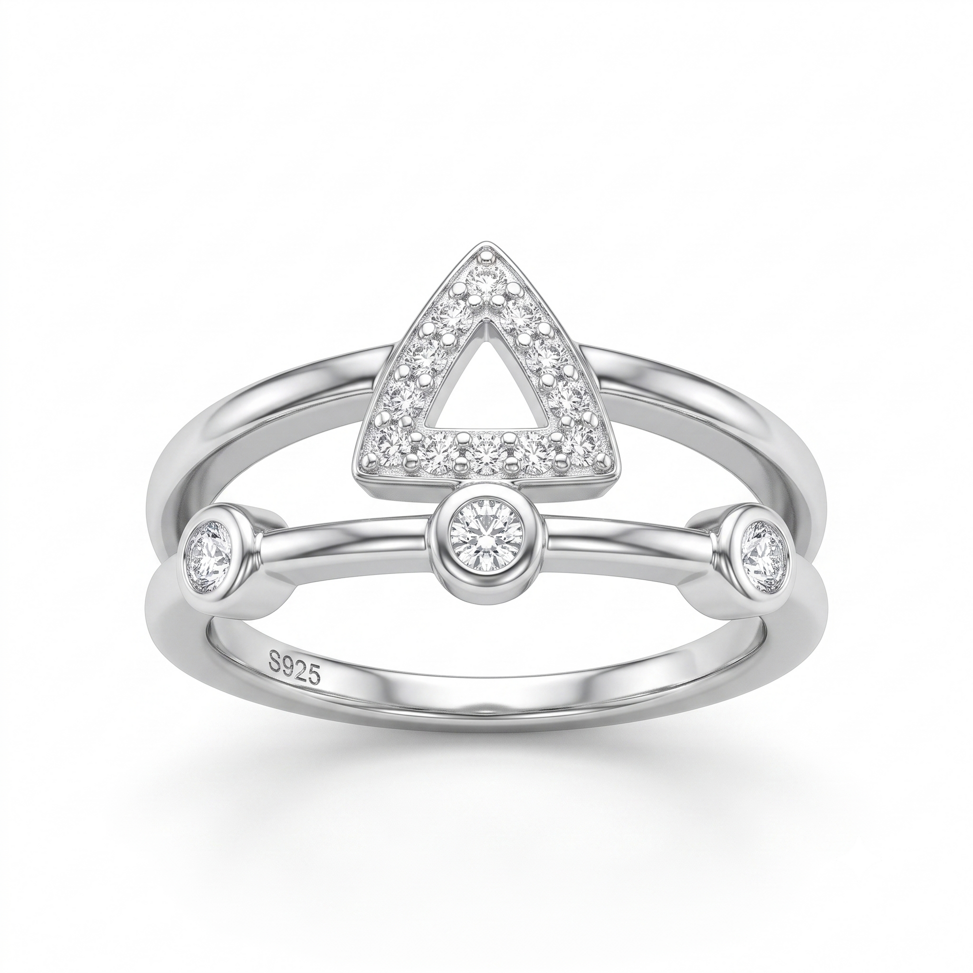 Silvme Geometric Triangle Bezel 925 sterling silver ring for women set with cubic zirconia — front view on white background