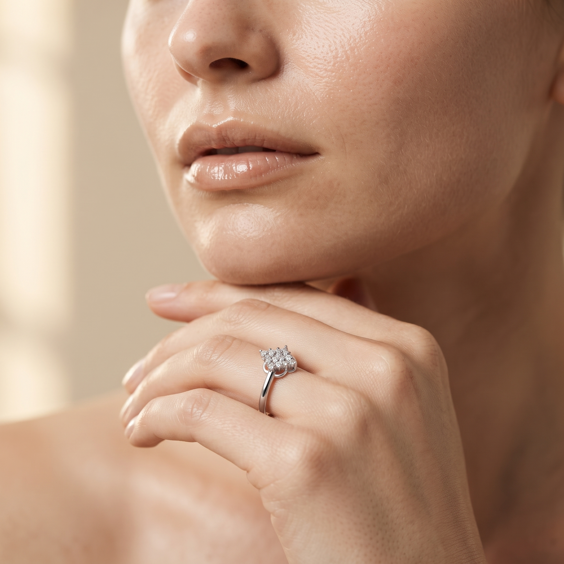 Silvme Navette Leaf Cluster 925 sterling silver ring for women set with cubic zirconia — studio detail shot