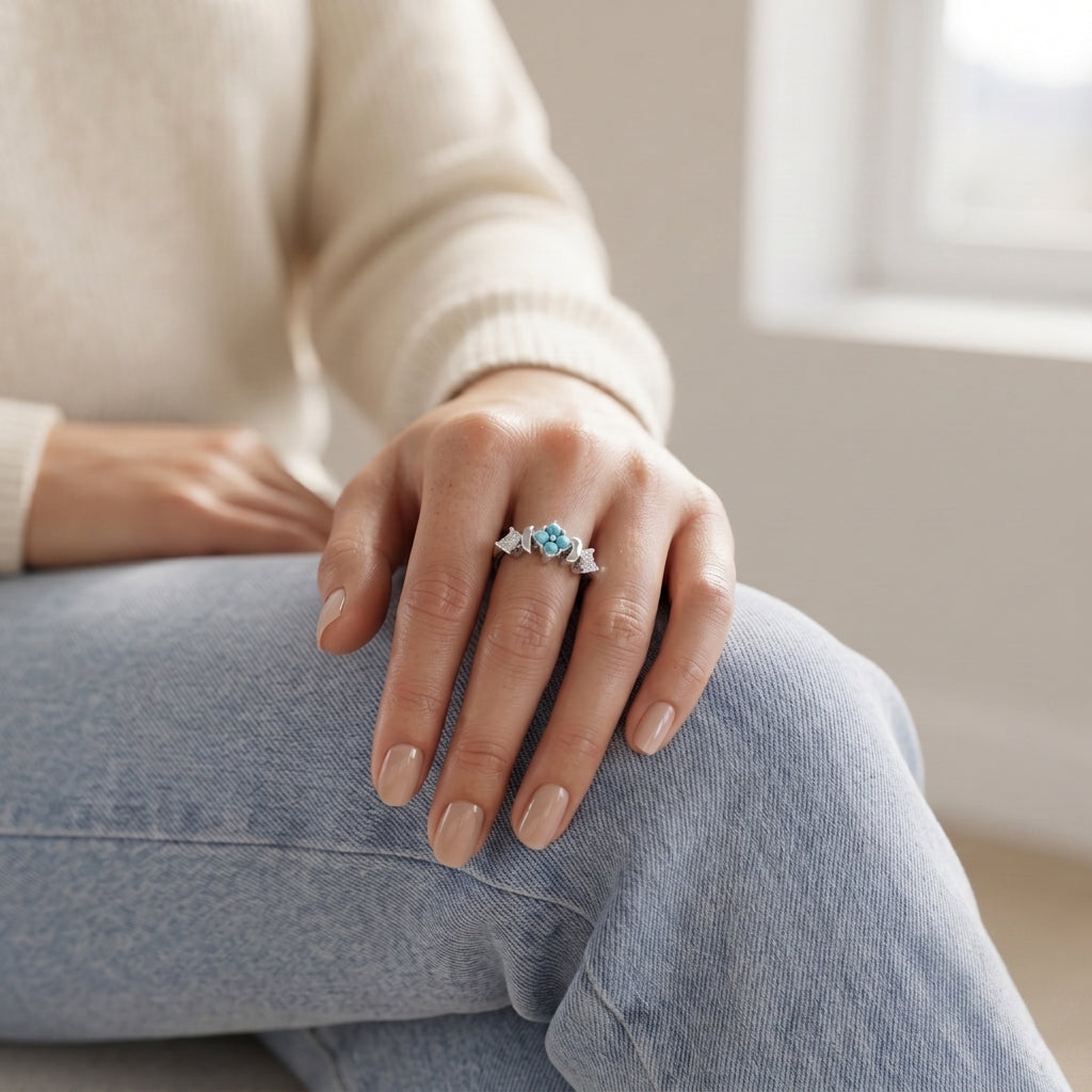 Silvme Turquoise-Colour Floral Cluster 925 sterling silver ring for women set with cubic zirconia — side profile