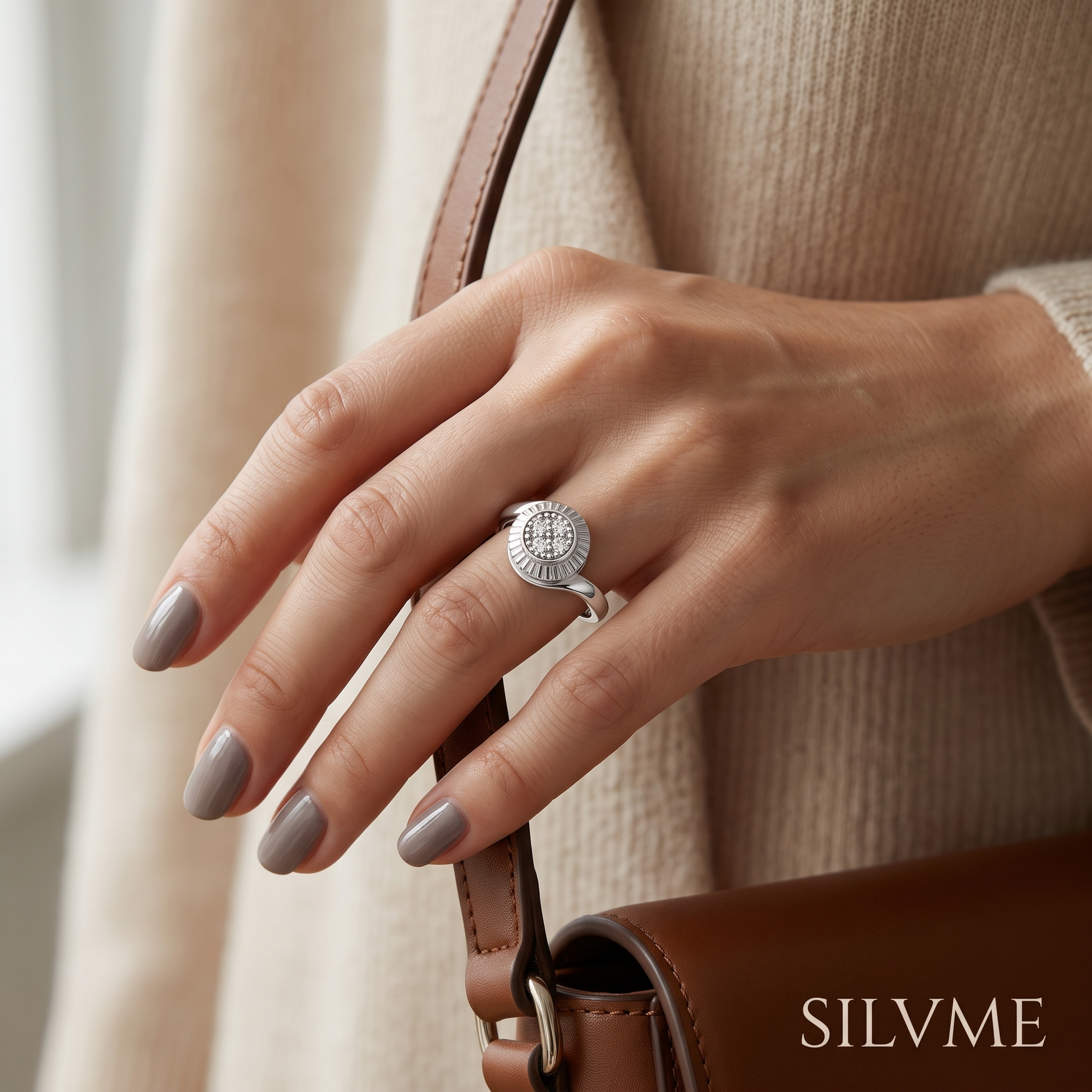 Silvme Sunburst Medallion Cluster 925 sterling silver ring for women set with cubic zirconia — studio detail shot