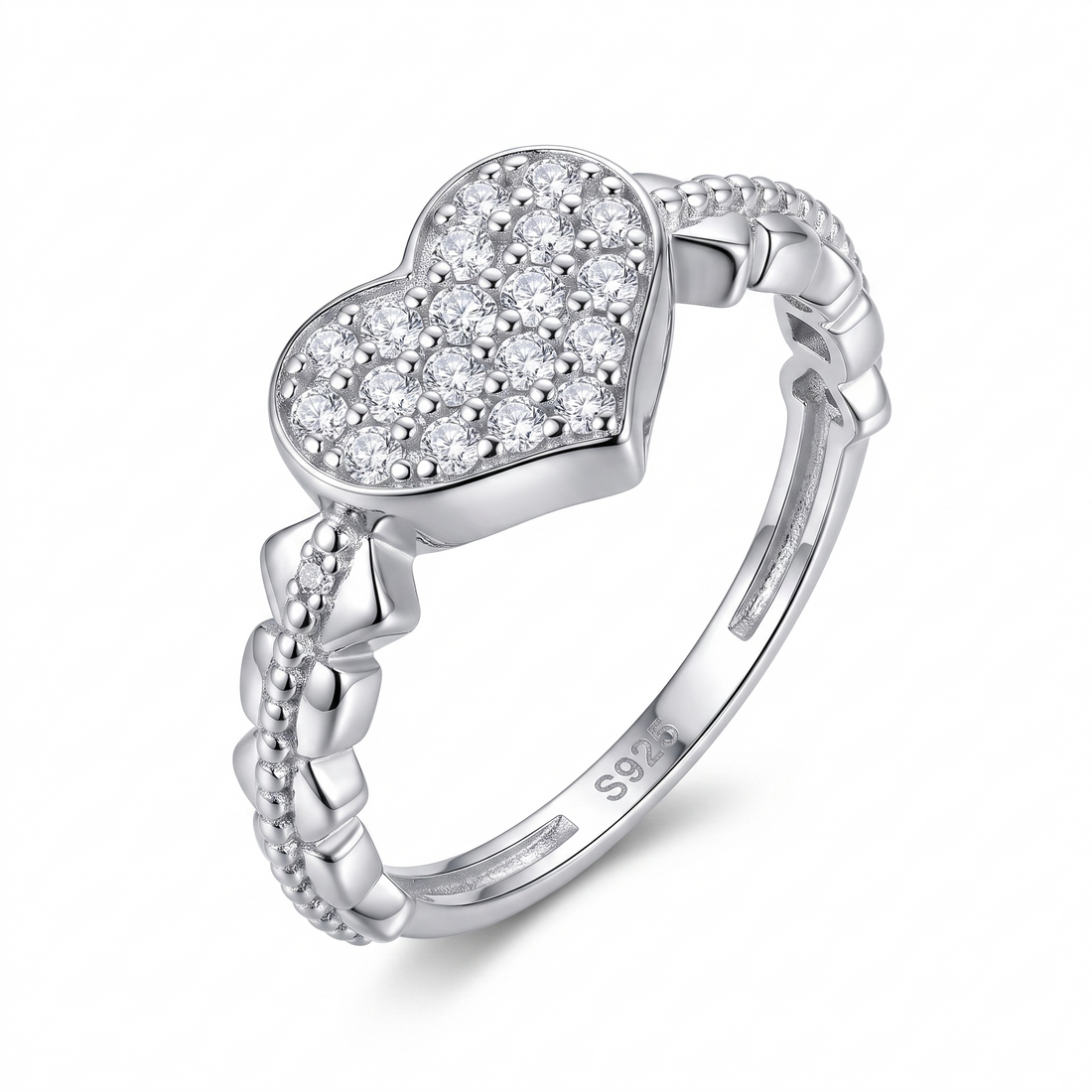 Silvme Pavé Heart Cluster 925 sterling silver ring for women set with cubic zirconia — front view on white background