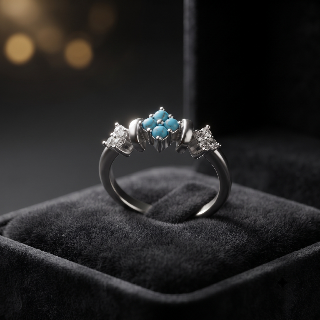 Silvme Turquoise-Colour Floral Cluster 925 sterling silver ring for women — front view on white background