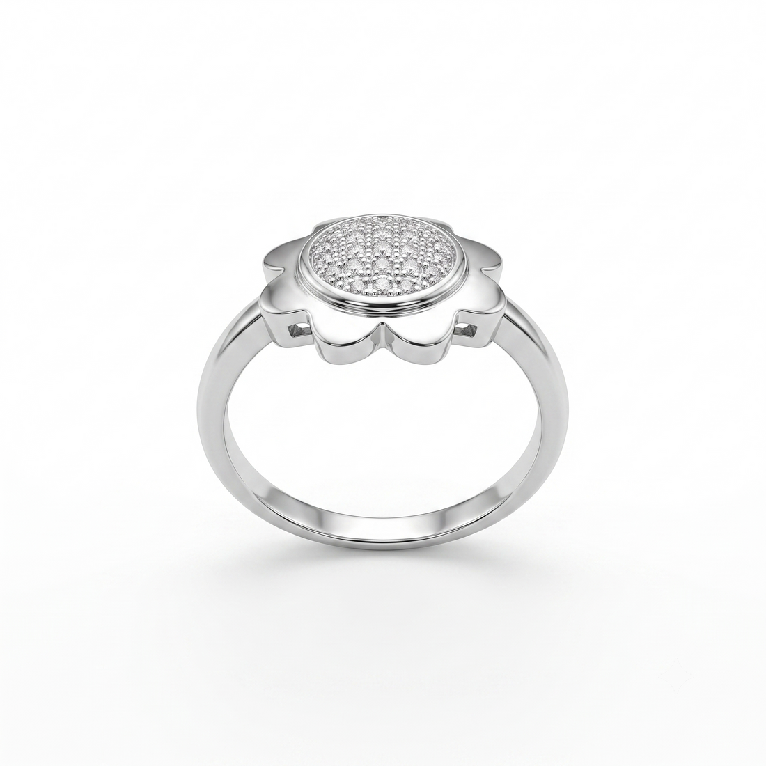Silvme Dainty Daisy Crystal 925 sterling silver ring for women set with cubic zirconia — front view on white background