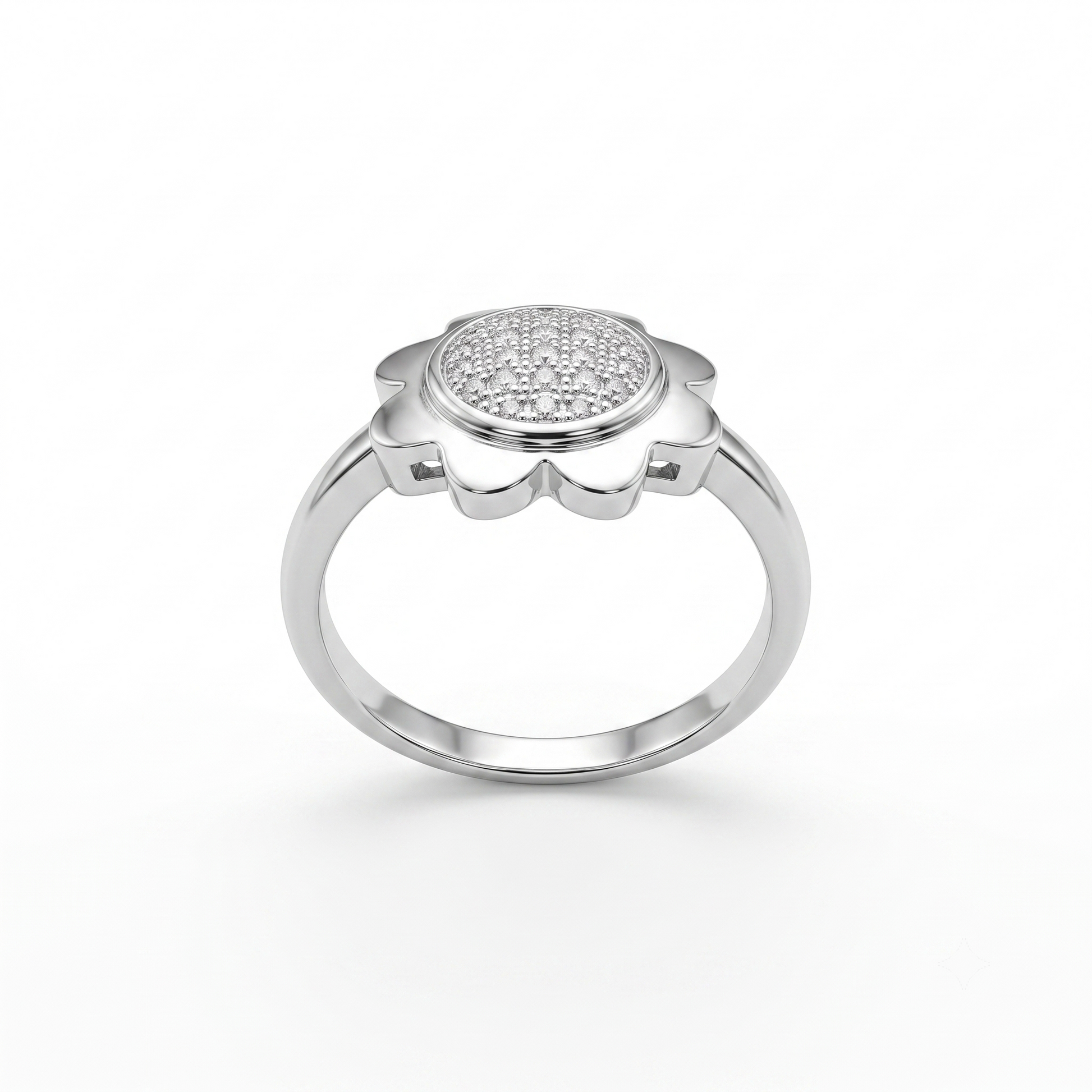 Silvme Dainty Daisy Crystal 925 sterling silver ring for women set with cubic zirconia — front view on white background