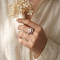 Silvme Pearlescent Leaf Bloom 925 sterling silver ring for women with a pearl-effect accent — worn on the finger