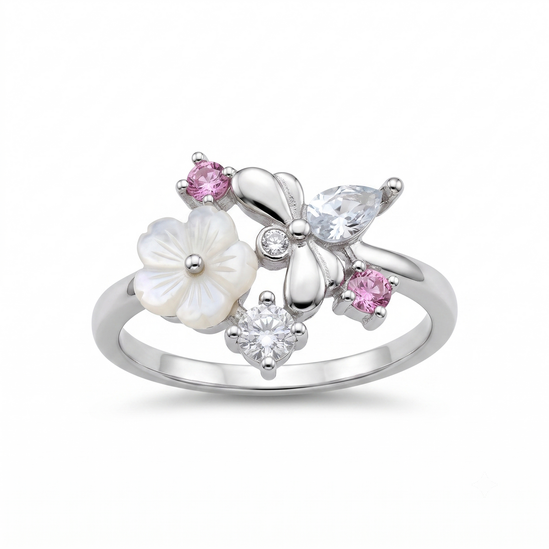 Silvme Bow Botanical Cluster 925 sterling silver ring for women with a pearl-effect accent — front view on white background