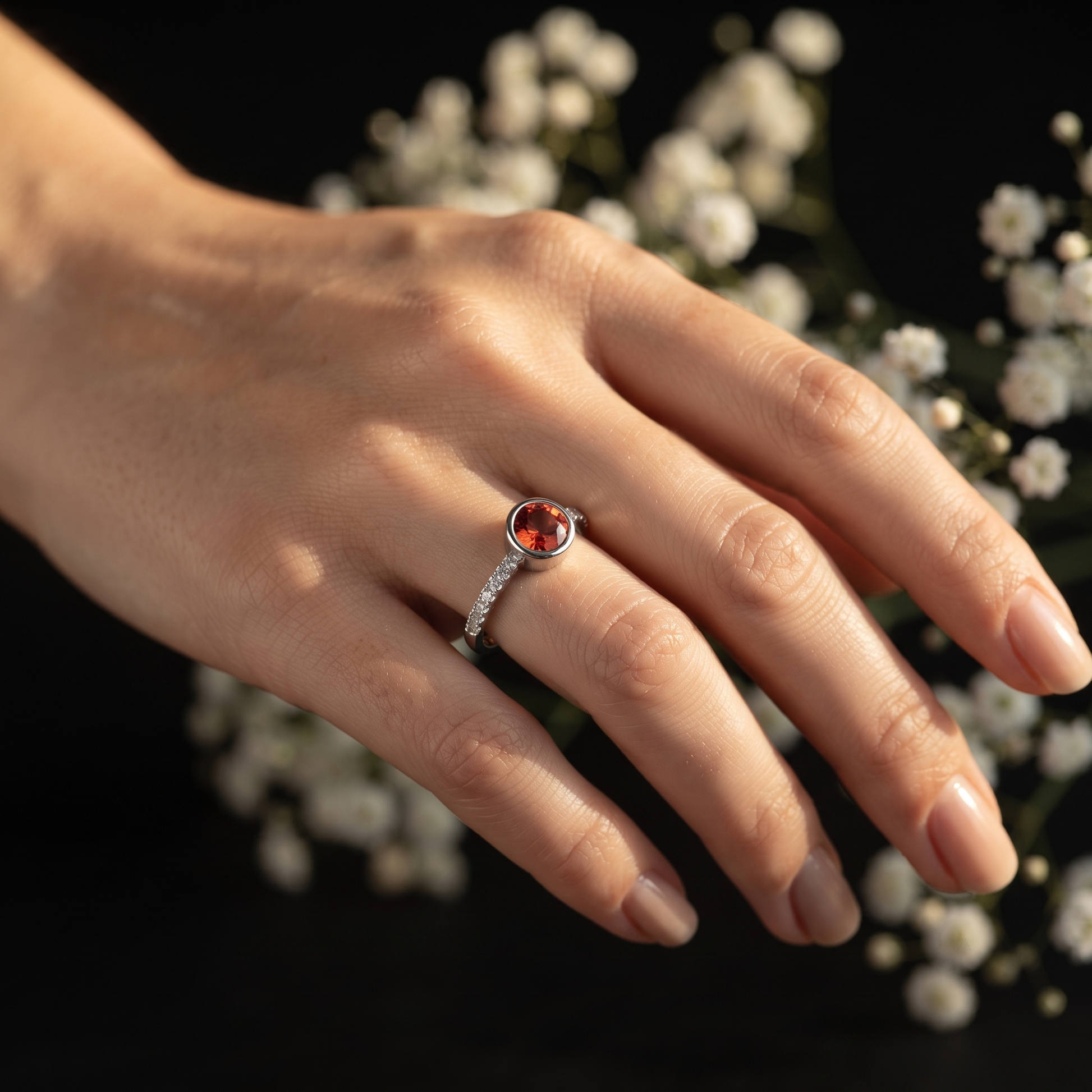 Silvme Orange-Red Bezel Solitaire 925 sterling silver ring for women set with cubic zirconia — top view
