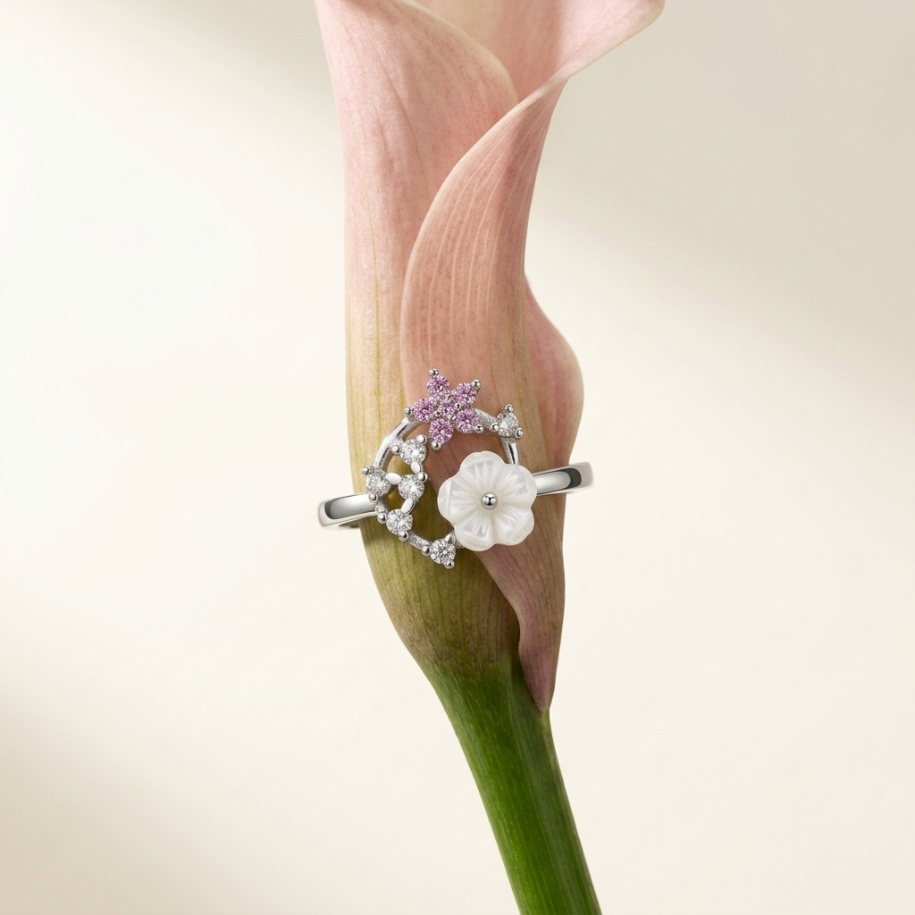 Silvme Butterfly Garden Wreath 925 sterling silver ring for women with a pearl-effect accent — side profile