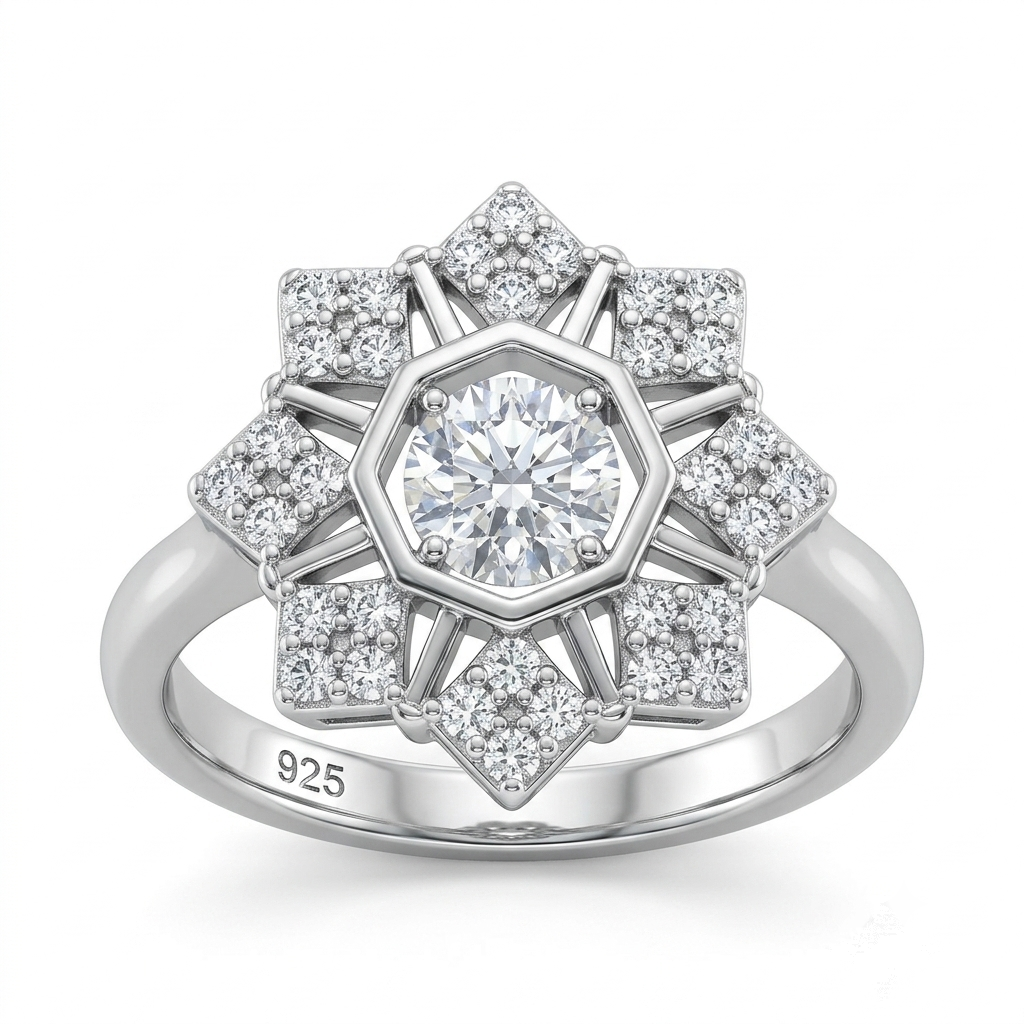 Silvme Art Deco Starburst 925 sterling silver ring for women set with cubic zirconia — front view on white background