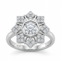 Silvme Art Deco Starburst 925 sterling silver ring for women set with cubic zirconia — front view on white background