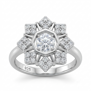 Silvme Art Deco Starburst 925 sterling silver ring for women set with cubic zirconia — front view on white background