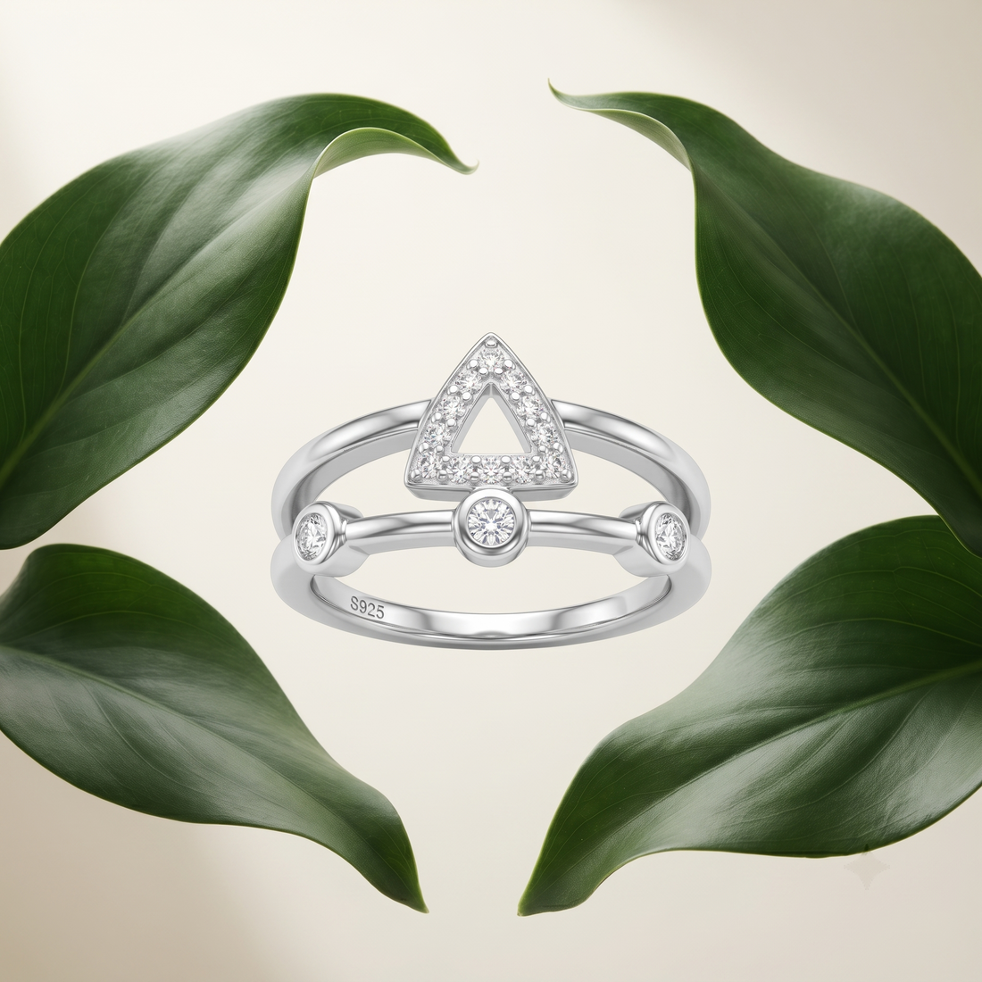 Silvme Geometric Triangle Bezel 925 sterling silver ring for women set with cubic zirconia — front view on white background